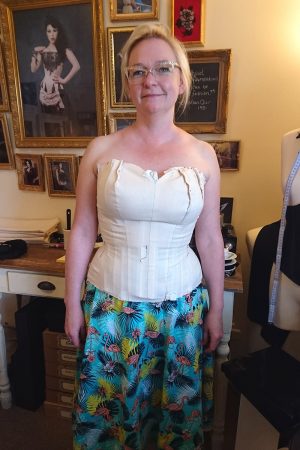 Corsetmaking student Kathy in her corset toile - Vanyanis Corsetry Course