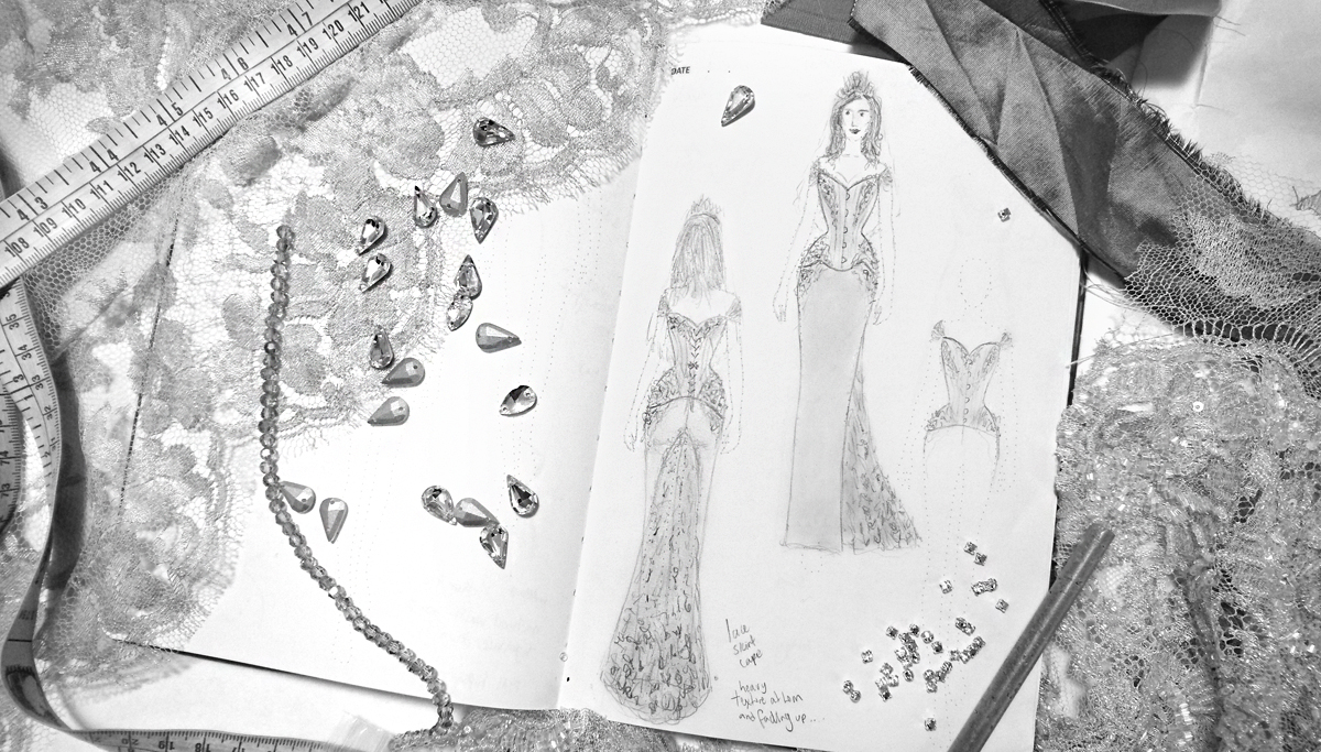 Sketch of couture bridal gown with lace and Swarovski beads. © Vanyanis.
