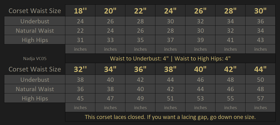 Vanyanís Corset Size Chart