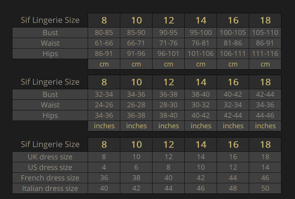 Sif Lingerie Size Chart