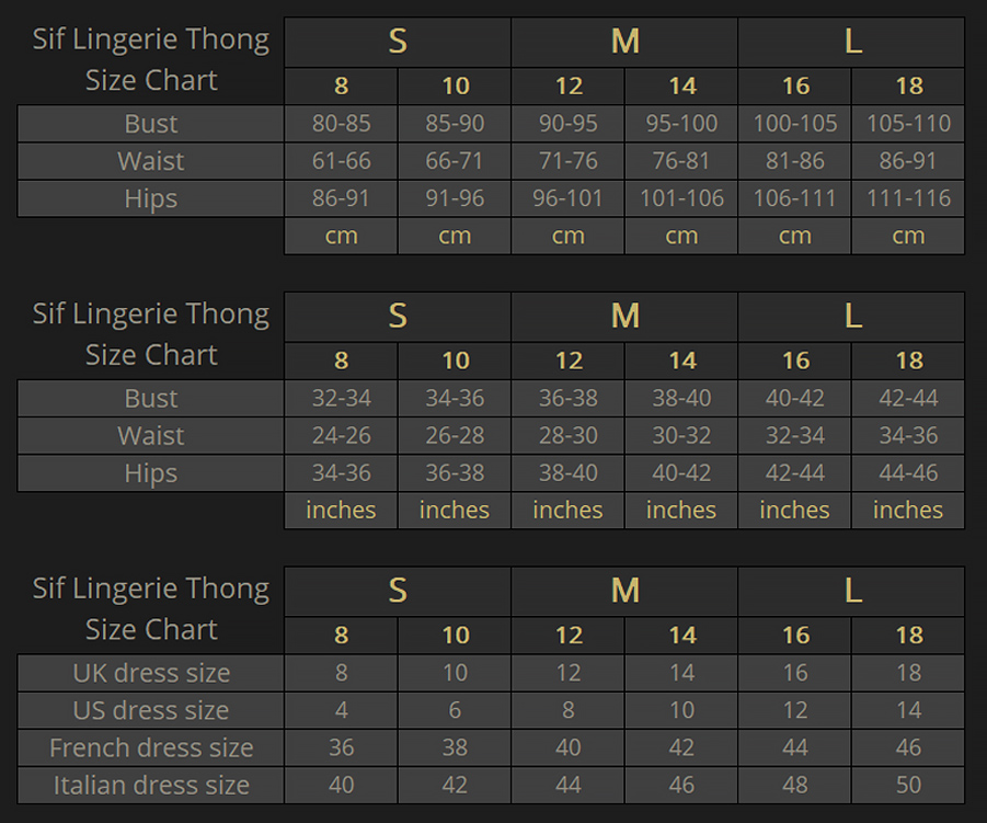 Sif Lingerie Size Chart