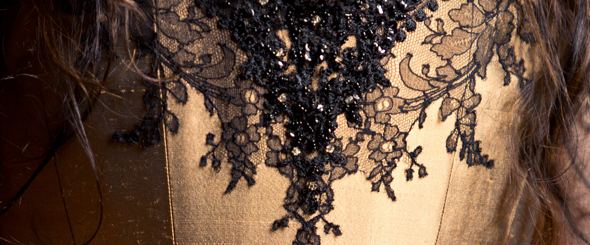 Close up of black lace applique on gothic wedding gown by Vanyanis © Mark Anthony Boyle
