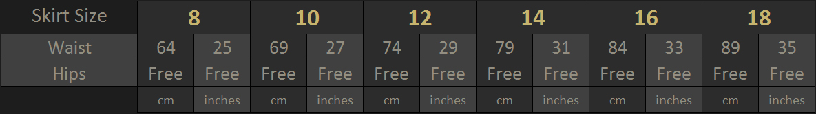 Vanyanis Ebonique Skirt Size Chart