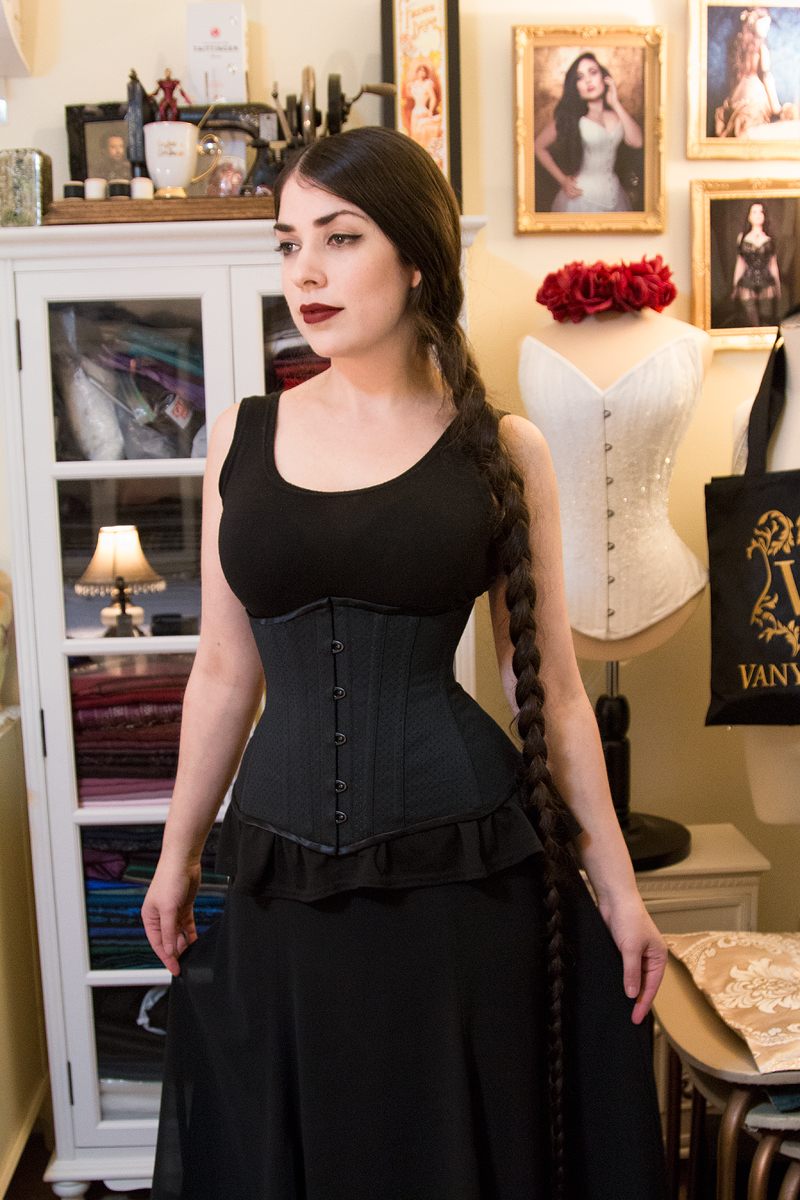 Corsetry course student Amy in her self made underbust corset!