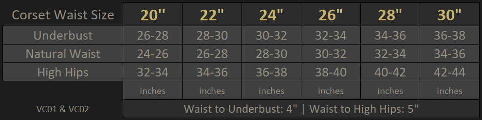 Vanyanís Corset Size Chart