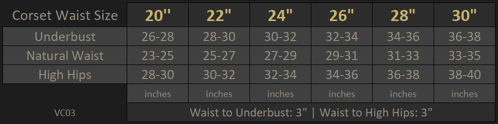 Vanyanís Corset Size Chart