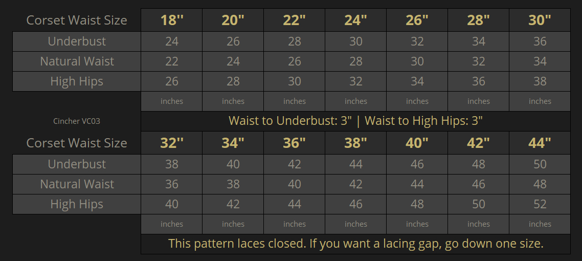 Vanyanís Corset Size Chart